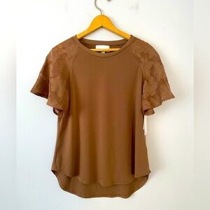 NWT Nordstrom Rack Womens Size Small Brown Taupe Short Sleeve Top Lace Sleeve